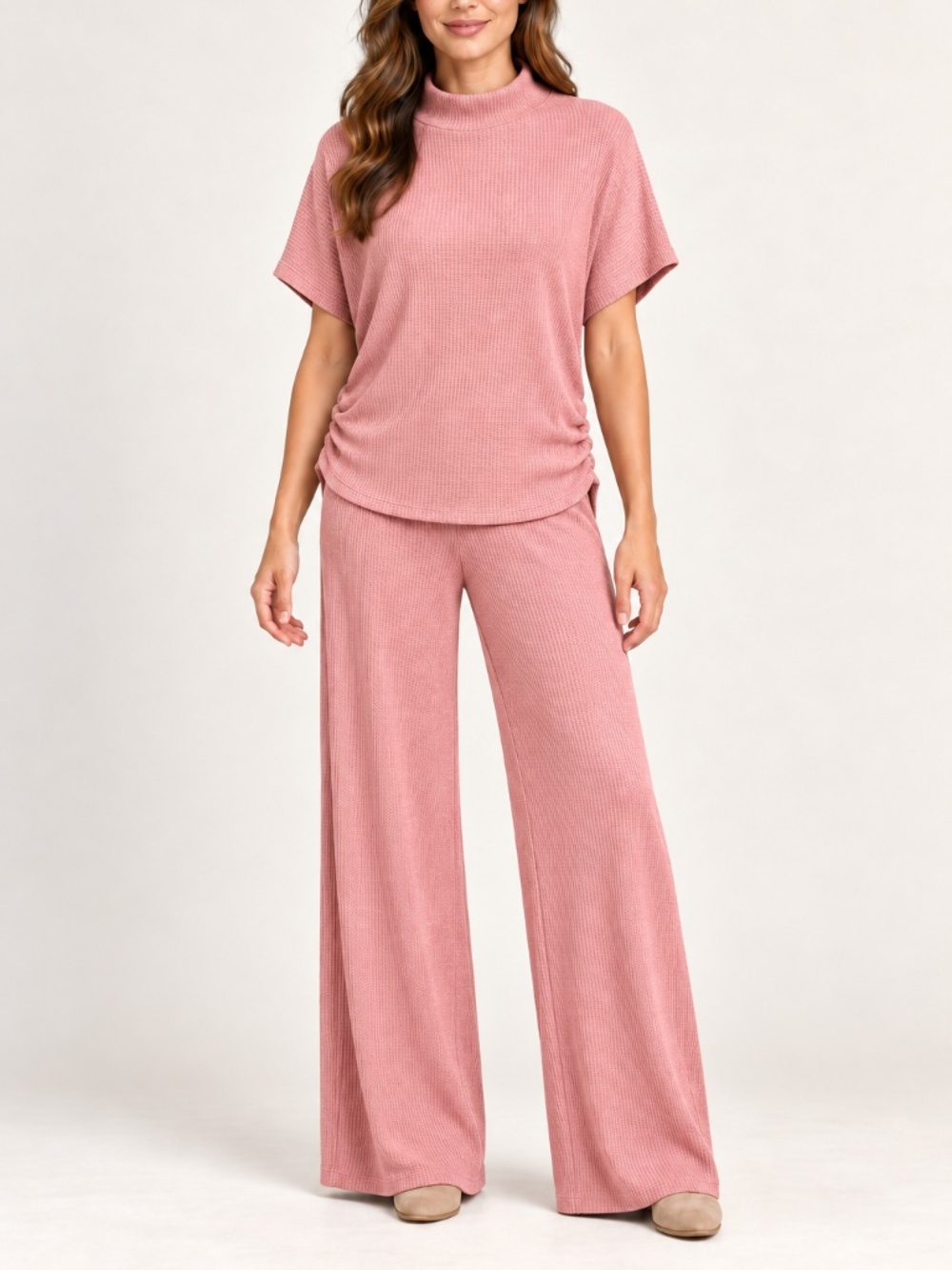 Zenana Pink Mock Neck Sweater & Wide-Leg Pants Set